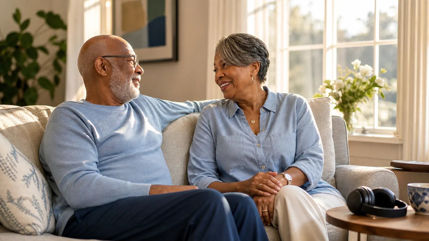 Older adults relaxing in a bright living room after a quiet listening break