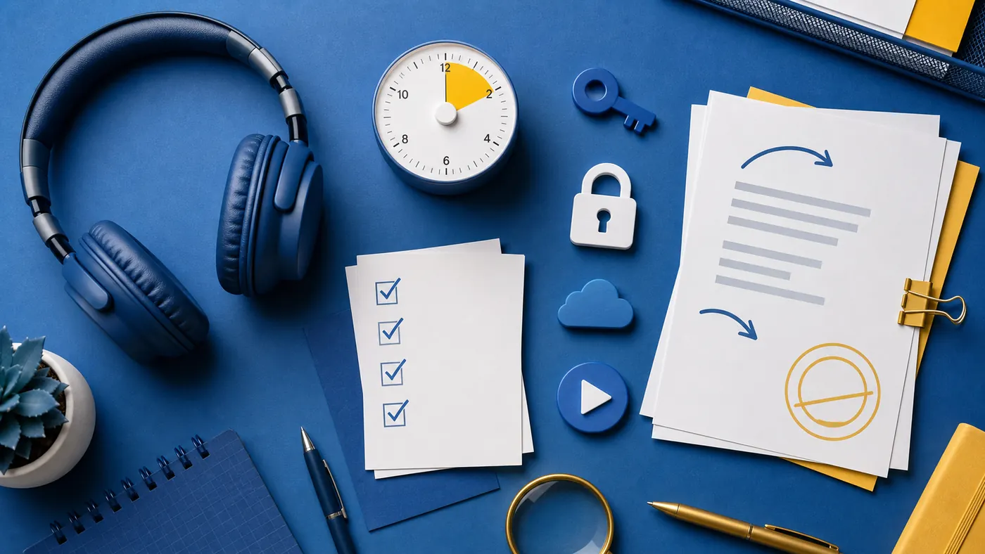 Buyer decision desk with headphones, timer, checklist symbols, and policy document