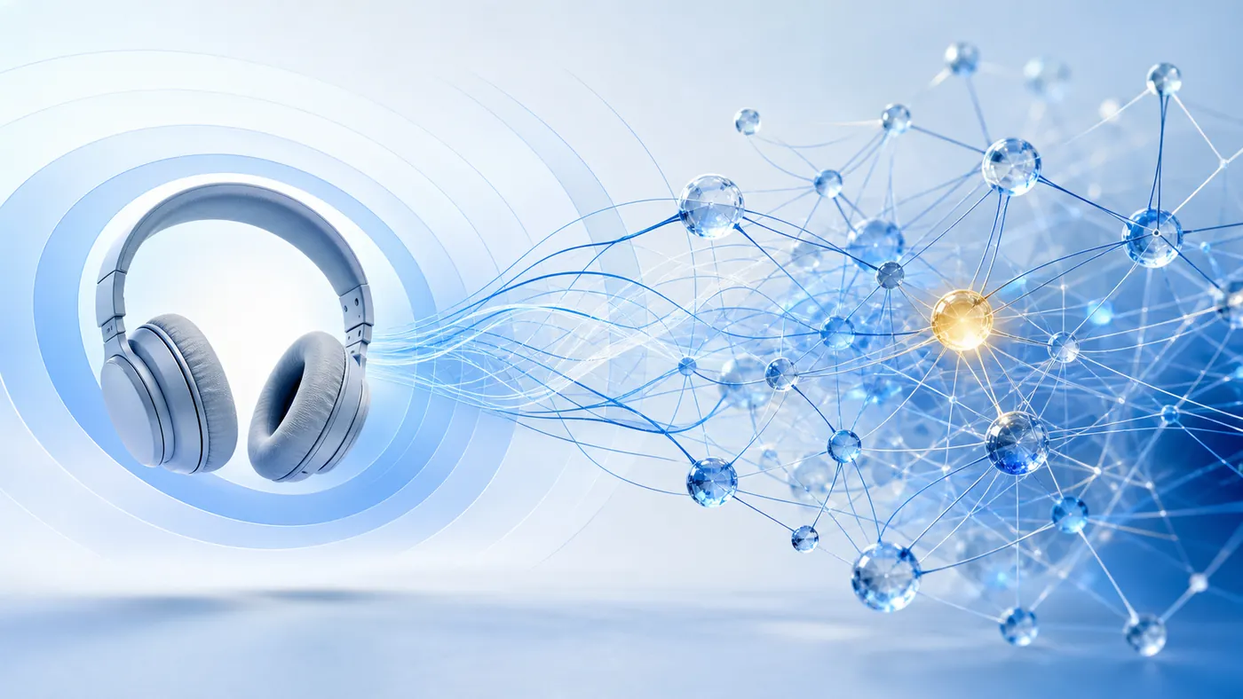 Artistic sound waves moving from headphones toward an abstract network
