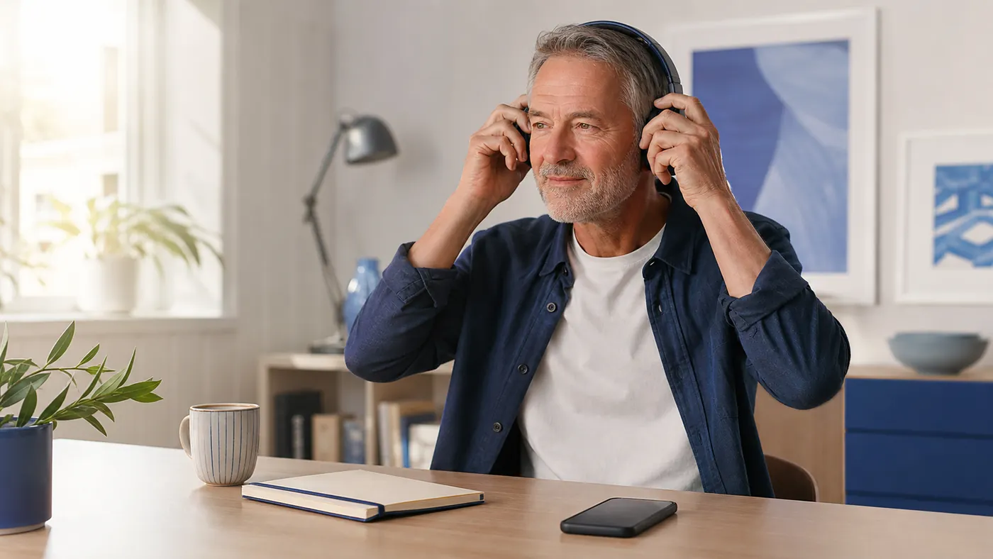 Mature adult preparing for a quiet headphone session at a home desk
